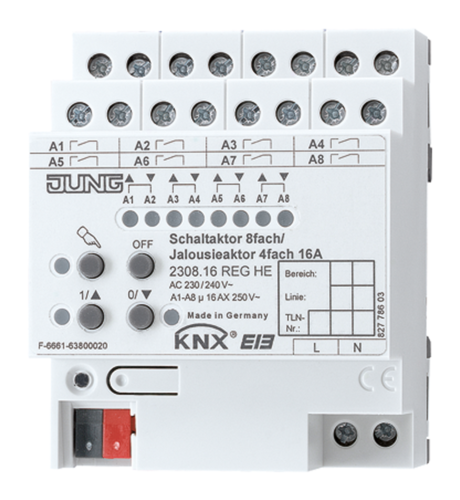 JUNG KNX Актор жалюзи/выключателей 4/8 каналов 16 А возм ручн упр DIN-рейка